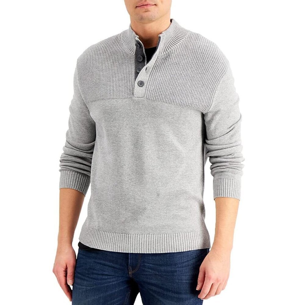 NEW! Club Room Button Mock Long Sleeve Knit Sweater Grey Heather Size XXL